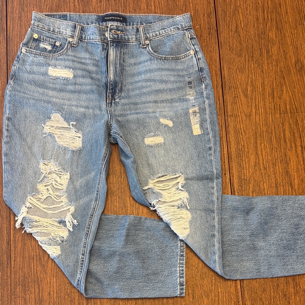 Aero Light Blue Distressed Mom Jean